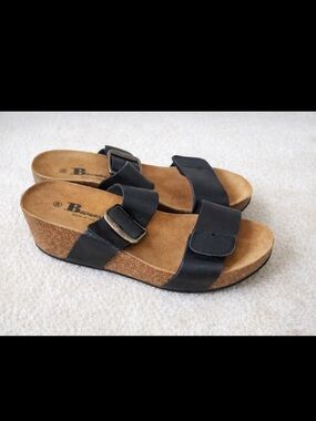 Browns Leather Cork Wedge Sandals Black Size 9 Comfort Birkenstock Style